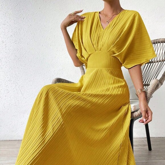 . Dresses & Skirts - Yellow Elegant Women's Solid Batwing Sleeve A-line Dress